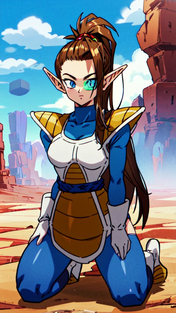 1girl, beard, sayan armor, long hair( side ponytail), brown hair, blue eyes, flaring Aura, pointed ears ((elf ears)),  in a desert, blue sky, (best quality), ((masterpiece)), (detailed),  Saiyan Scouter, Saiyan_Scouter, scouter, tinted eyewear, saiyan armor, armor