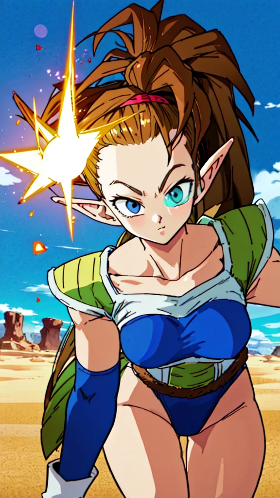 1girl, beard, sayan armor, long hair( side ponytail), brown hair, blue eyes, flaring Aura, pointed ears ((elf ears)),  in a desert, blue sky, (best quality), ((masterpiece)), (detailed),  Saiyan Scouter, Saiyan_Scouter, scouter, tinted eyewear, saiyan armor, armor