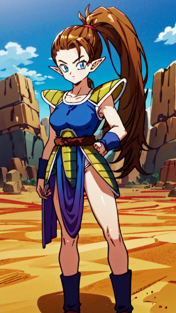 1girl, beard, sayan armor, long hair( side ponytail), brown hair, blue eyes, flaring Aura, pointed ears ((elf ears)),  in a desert, blue sky, (best quality), ((masterpiece)), (detailed),  Saiyan Scouter, Saiyan_Scouter, scouter, tinted eyewear, saiyan armor, armor