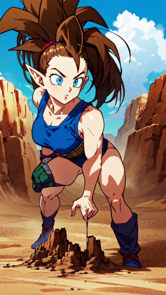 1girl, beard, sayan armor, long hair( side ponytail), brown hair, blue eyes, flaring Aura, pointed ears ((elf ears)),  in a desert, blue sky, (best quality), ((masterpiece)), (detailed),  Saiyan Scouter, Saiyan_Scouter, scouter, tinted eyewear, saiyan armor, armor