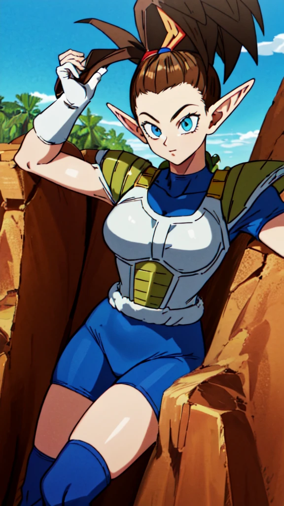 1girl, beard, sayan armor, long hair( side ponytail), brown hair, blue eyes, flaring Aura, pointed ears ((elf ears)),  in a desert, blue sky, (best quality), ((masterpiece)), (detailed),  Saiyan Scouter, Saiyan_Scouter, scouter, tinted eyewear, saiyan armor, armor