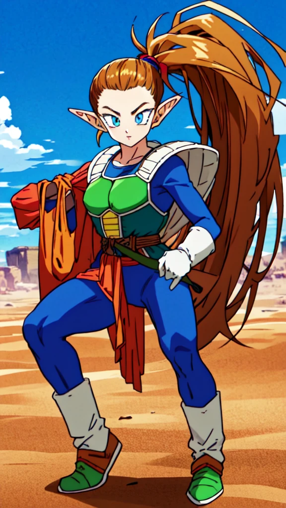 1girl, beard, sayan armor, long hair( side ponytail), brown hair, blue eyes, flaring Aura, pointed ears ((elf ears)),  in a desert, blue sky, (best quality), ((masterpiece)), (detailed),  Saiyan Scouter, Saiyan_Scouter, scouter, tinted eyewear, saiyan armor, armor