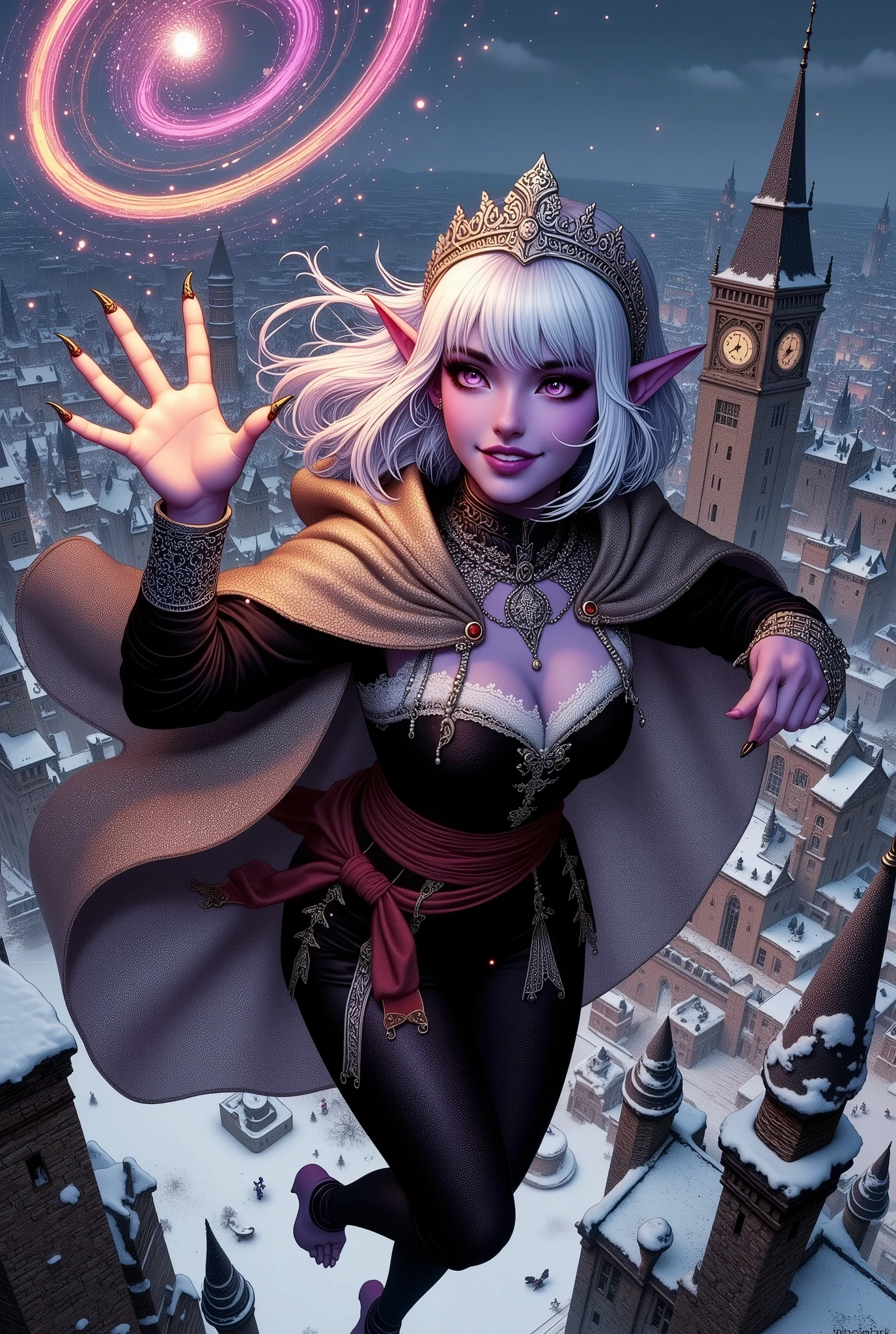 (Ultra-detailed face, Looking away, Fantasy Illustration with Gothic, Dark tone colors. Perspective looking down on the city from above the clock tower.), BREAK 
(Dark sky covered with snow clouds. A night with lots of fluffy snow. On the roof of a clock tower in a large city like medieval London, a dark elf female magician is celebrating the arrival of winter by shooting multiple large fireworks over the city. The female magician is smiling, making large jumps on the roof, drawing circular trails with her arms and legs, and releasing large fireworks from the tips of her hands.), BREAK 
(The young female dark elf rogue has white hair, white eyebrows, blunt bangs, waist-length long, disheveled hair in motion, small pink lips, dark purple skin, and thick eyeliner.), BREAK 
(A female dark elf rogue wears a silver snowflake tiara, a jet-black velour lace-up dress with gold trim and silver lace ruffles, and a translucent cape. She wears a wide crimson sash around her waist and a necklace and bracelet made of iridescent beads. She wears braided sandals with ink-black ribbons.), BREAK 
(The air and sky are crystal clear in the winter cold. The lights of the city reflect off the snow and fluffy snow in rainbow colors covers the city. The old and majestic clock tower of the landmark rises in the center of the city, a scene with a female magician on the roof.)