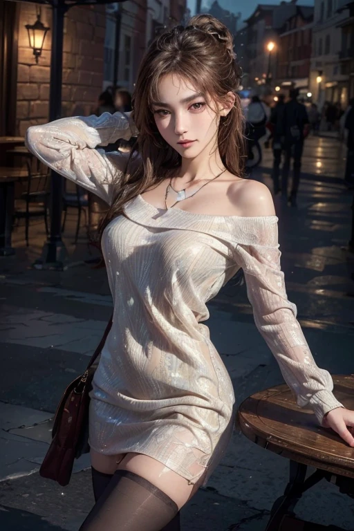 Sweet girl clothes8,(gem:1.3), ((full body)), ((Random shooting angle)), ((realistic)), 1girll, posed for photo, Outdoor scene, the night, lamplight, Stand up, Pleasing posture, Eye-catching poses, pretty legs, looking at viewert, Detailed scenes, curlies, Air bangs, Beautiful hair accessories, Brownish-yellow hair, light make-up, Blushlush, Gloss on lips, (Campus style), warm lights, a warm color palette, Detailed details, 超詳細, (tmasterpiece, best qualtiy), (An extremely delicate and beautiful work), Delicate earrings, Delicate necklace, Simple blurred background, Extreme detail description, Ultra-fine painting, Delicate face, slim toned body, Slimming the waist, (grin, happy grin, Baring teeth), (anatomy correct)