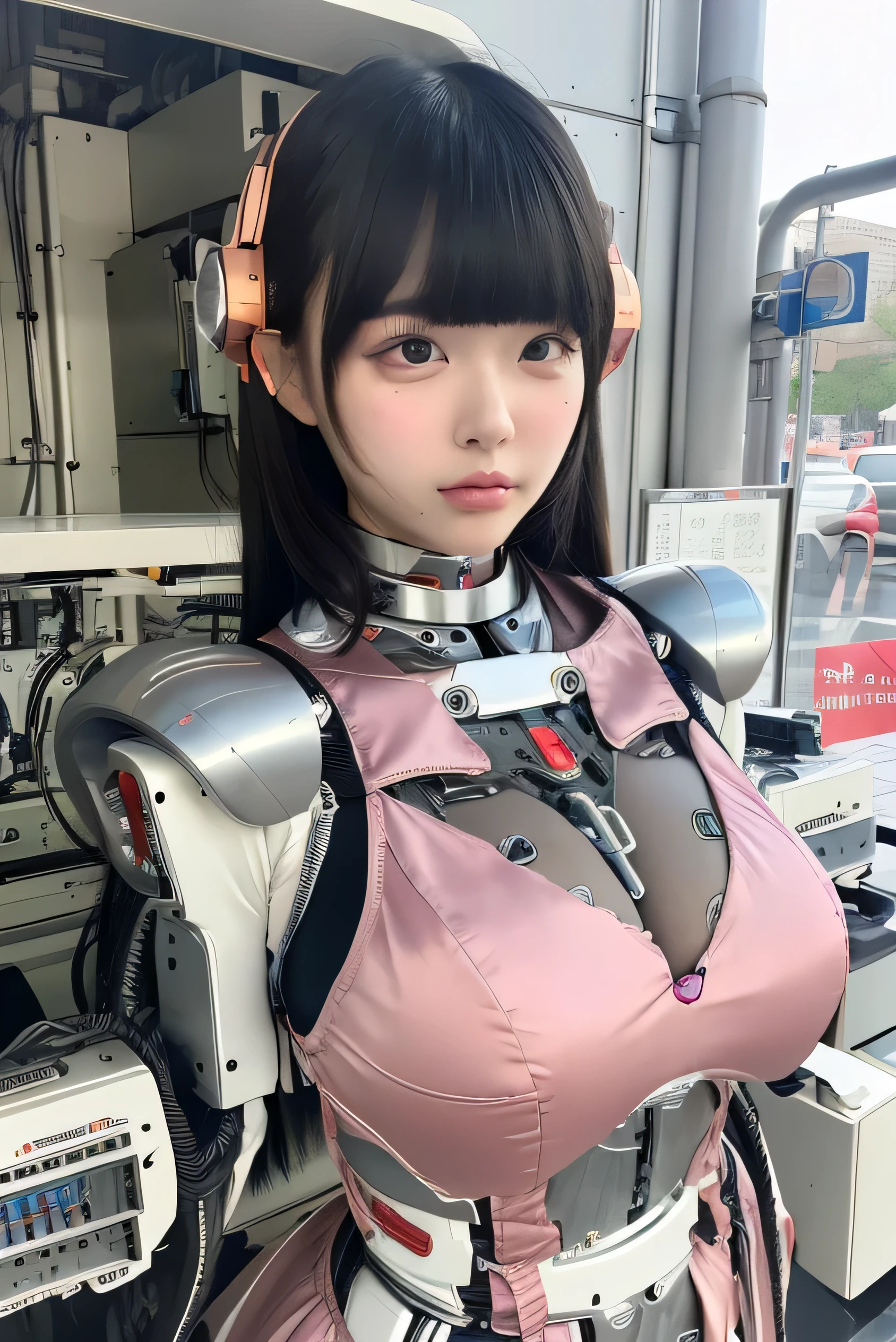 masterpiece, best quality, extremely detailed,portrait,upper body,front view,Japaese android girl,Plump, control panels,android,Droid,Mechanical Hand, Robot arms and legs,Blunt bangs,long tube,thick cable connected her neck,