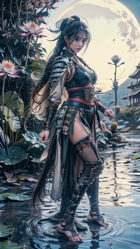  Sexy female character wearing white armor as a warrior from the Sengoku period 、 Max Image、8k、extremely detailed、((twintails, spiral curls hair))、((onyx black hair))、((toned body))、(glistening skin)、 Tight Body 、((mega breasts 1.8))、 plump breasts 、 plump thighs 、 The white armor with the water lily flower pattern engraved on it is a bikini type and is designed to highlight chest exposure、( Wear a cape with a water lily flower pattern )、gypsy skirt、 white shin guard with a water lily flower engraved on it 、White high-leg underwear 、White tights、 absolute domain、((acrobatic pose))、Dramatic lighting、night sky with star、Big Moon、(( Water lily flowers in full bloom in the background ))、(( Large water lily flowers blooming in full bloom on the front ))、 cinema-like scene 、Background water lily 、 Max Image、 Ultra High Definition、