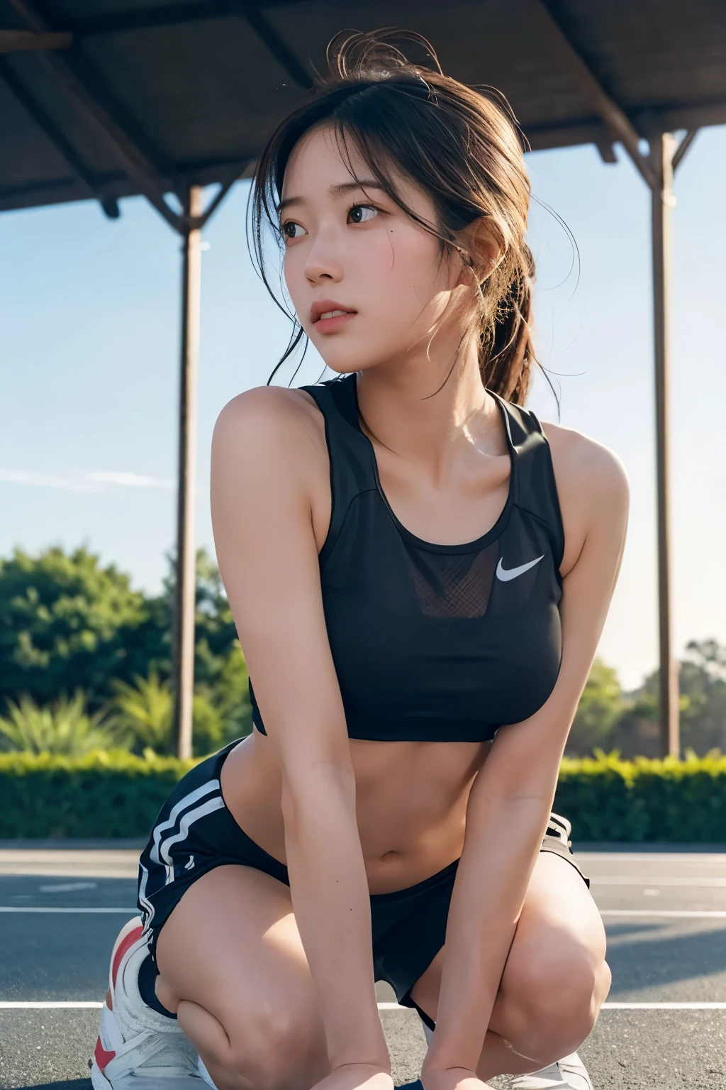 A young woman kneeling on the ground, appearing exhausted after intense physical exercise. She is wearing athletic wear, such as a tank top and shorts, with visible sweat on her forehead and arms. Her breathing is heavy, and her face shows a pained but determined expression. The setting is an outdoor track field during sunset, with warm golden light casting long shadows. In the background, there are faint silhouettes of other runners or training equipment, emphasizing the context of her effort and struggle