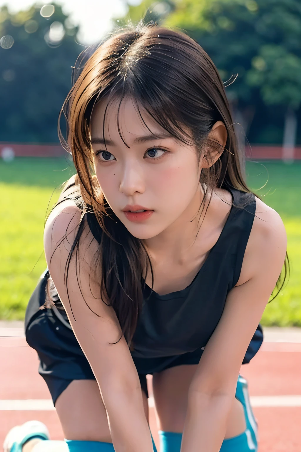 A young woman kneeling on the ground, appearing exhausted after intense physical exercise. She is wearing athletic wear, such as a tank top and shorts, with visible sweat on her forehead and arms. Her breathing is heavy, and her face shows a pained but determined expression. The setting is an outdoor track field during sunset, with warm golden light casting long shadows. In the background, there are faint silhouettes of other runners or training equipment, emphasizing the context of her effort and struggle
