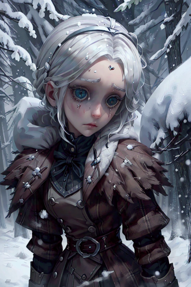 icon, identity v, button eyes, detailed, 1 girl, waist up, white hair, night, forest with snow, front to camera, sad