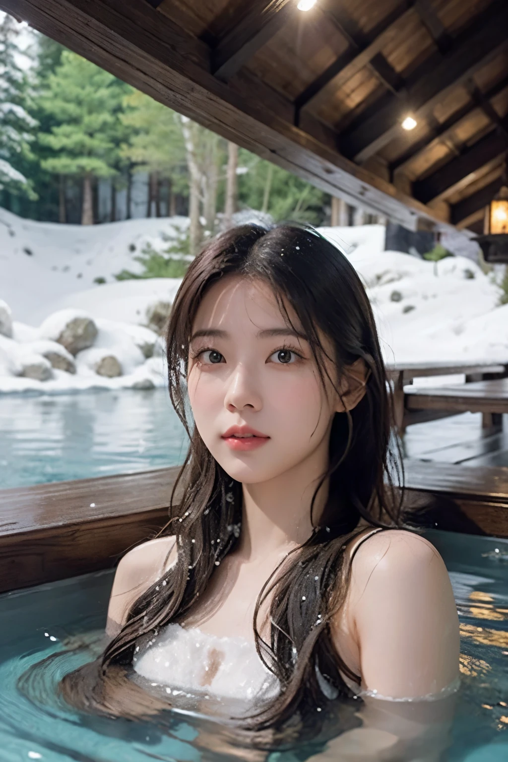 A serene scene of a young woman relaxing in a hot spring, with snow gently falling around her. She is submerged up to her shoulders in the steaming water, which reflects the soft glow of nearby lanterns. The surrounding landscape features snow-covered rocks and pine trees, creating a tranquil winter atmosphere. The woman has long dark hair tied loosely, with a peaceful expression on her face, and delicate steam rises around her in the crisp air. The overall lighting is soft and natural, enhancing the cozy yet cold environment.