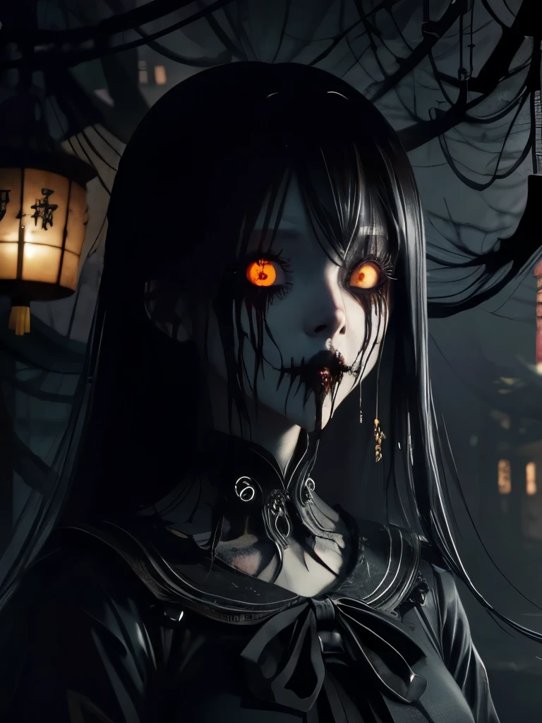 1 girl , demon face, scary costume , Chinese Ghost Festival,nakahara universe,Ghostly Breath,Chiaroscuro in the city at night,Detailed texture of spooky tree branches,A transparent ghost floats in the smoke,Lanterns hanging from a tree,There are flowers blooming there, shade lighting,Background blur,Depth of written boundary,Soft Light,Beautiful lighting, Dim Light,A peaceful yet terrifying atmosphere,Mysterious and dark,detailed lighting effects,soft color change,Strange place,It was foggy, Space-time discrepancy,Reincarnation Flip。 Turning things upside down,The sun and moon have no light, Confusion and absurdity,The nightmares continue。 Mysterious and unreal,phantom, Gothic Shadow,Obscured from all sides。 cyber punk, Dark Forest,A different space, There are countless hidden secrets,Forgotten souls wandering in the night、fear