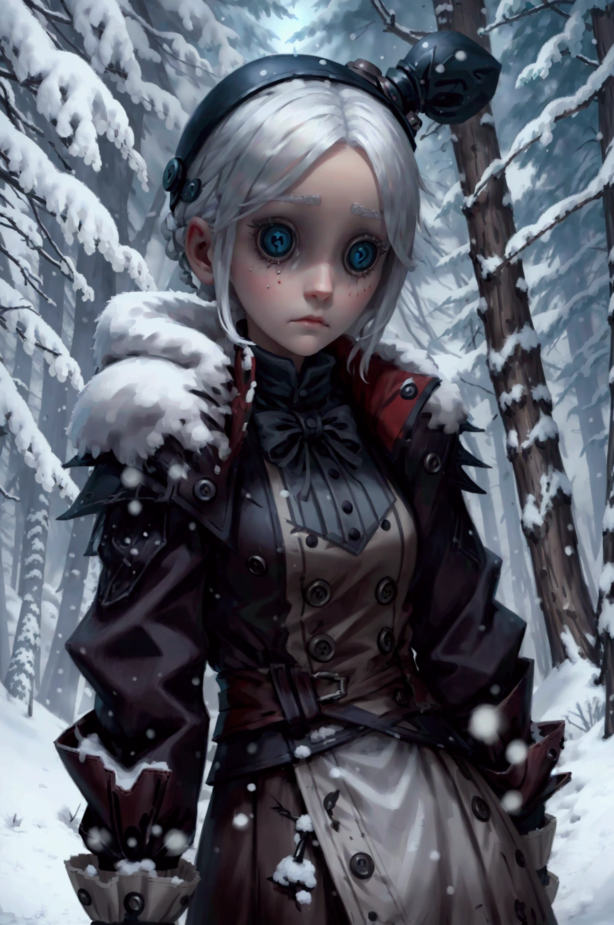 icon, identity v, button eyes, detailed, 1 girl, waist up, white hair, night, forest with snow, front to camera, sad