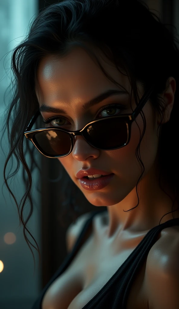 Crisp macro quality, retrato aproximado, de homem brutal cyberpunk, na sala neon cyberpunk, rough skin, look at a camera, olhos brilhantes, cinemactic, cores esmaecidas, tomada escura, cores suaves, filme granulado, lut, assustador com oculos escuros, uma mulher