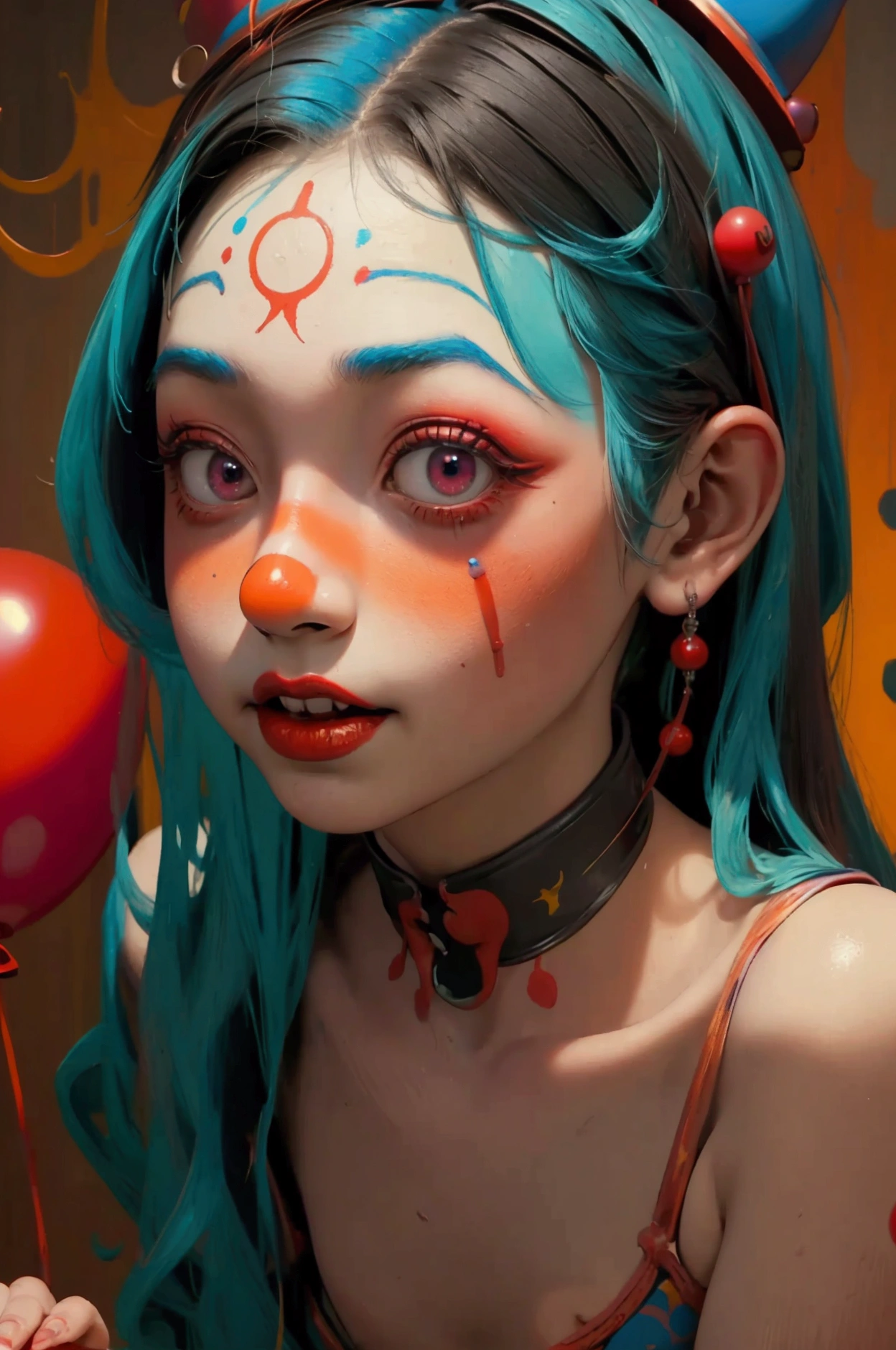  Clown with blue hair and red clown makeup、  surrounded by red balloons  ,  cute core crown core  , 不気味なClown Girl, Scary clown, Clown Girl, Detailed painting 4k, portrait desk crown  ,  Artstation contest winner  , Goth Clown Girl, deviantart artstation cgscosiety ,  CG Society Contest Winners  !!,  CG Society Contest Winners  !!!, y 2 k  cute core crown core  , whole body
