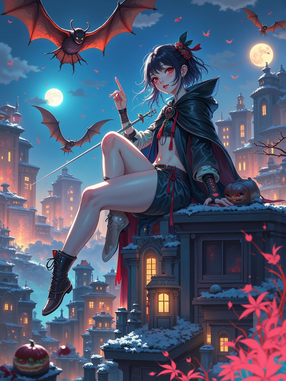 High quality，Best quality，Reality，Super realistic，Super detailed，masterpiece，high resolution，8k，Very real，Hellbringers，Red Eye，Crescent Moon，hamburger，pumpkin，Close-up of a bat，A girl with a sword and a vampire，Black cape，Bikini，Glitch Punk Girl，Pale milky porcelain skin，vampire，Smooth and transparent white skin，Thin legs，Small waist，Small buttocks，Broad shoulders，Beautiful clavicle，Superrealism， Busty naked breasts，Upper body，Wearing a Bikini，Tattoo，Red eyes，Gothic art style，((Bat Wings))，Epic fantasy number art style，Noble and elegant vampire girl，and mumford，Tom Bagshaw，Dark fantasy art，Epic fantasy art style，Dark fantasy art style，Epic fantasy art style HD，Dark Fantasy Number Art，"Artistic image type：{ perched on top of cybernetics dragons, vampire girl investigates the vast digital metropolis below。Infused with neon lights，Revealing her technologically enhanced body，Embedded LEDs and retractable tech arms shine。She strikes a striking pose，Seems ready for action，A fusion of ancient legends and future visions}，Perfect location，City view，(Vivid neon lights：1.5)，(number：1.25)，(4K：1.2). environment：City Panorama，Bats flying over the skyline，(whole body:1.8), magazine photography，A cute girl image，Popular on social platforms，((Dopamineism))，(((Dopamine color matching)))，Dopamine，(in the style of Y2K)，Luo Erchun，Three-dimensional ancient style，Oriental poetry and painting