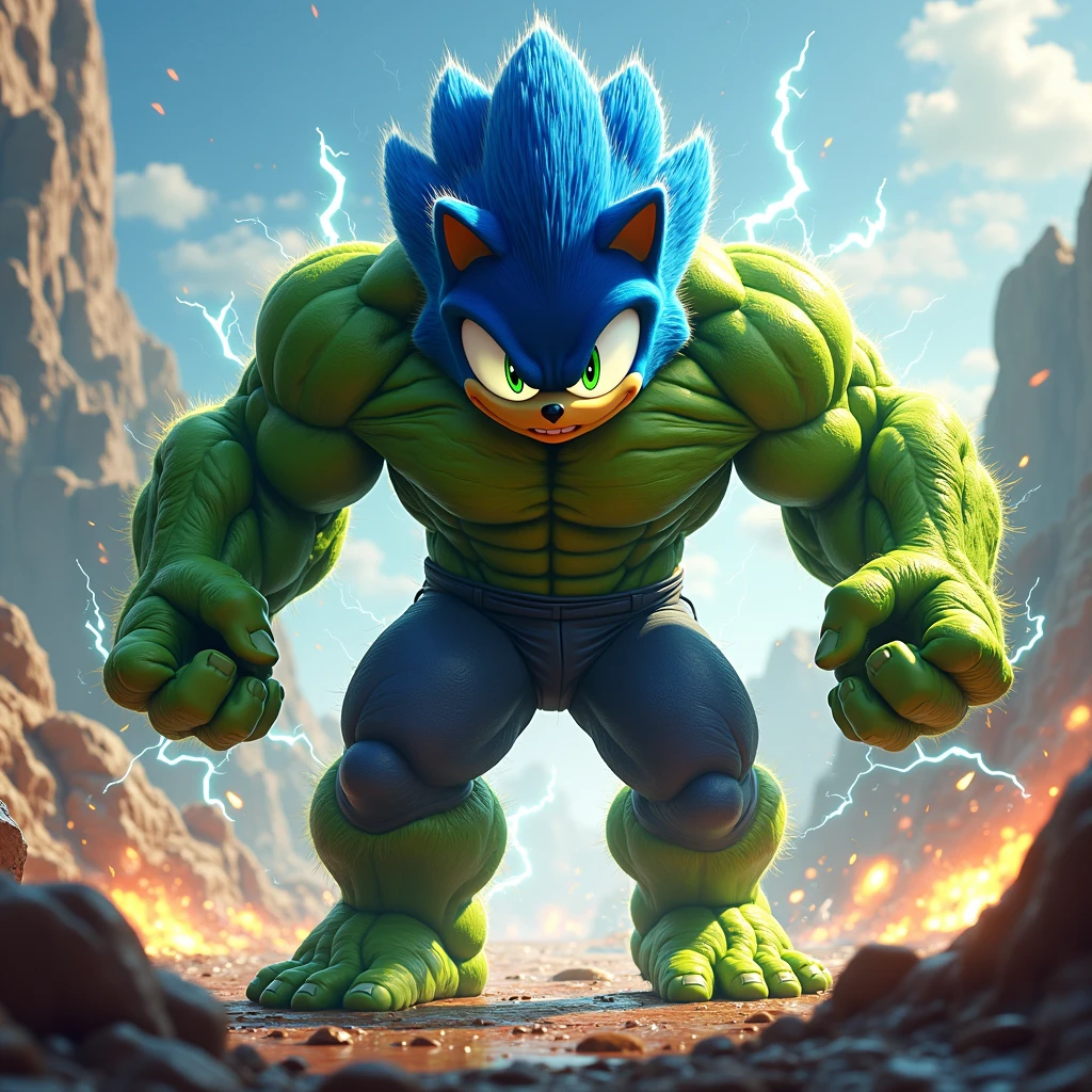 "An artistic fusion of Sonic the Hedgehog and the Hulk, resulting in a dynamic and powerful character. The art style combines Sonic's speed and energy with the Hulk's incredible strength and size. The character stands amidst a landscape of destruction, showcasing both raw power and motion. The fusion design integrates Sonic's blue fur and quills with the Hulk's towering physique and green skin, creating a unique blend of speed and strength. This image draws inspiration from both the Sonic the Hedgehog franchise and the Hulk's iconic presence, creating a visually striking mixture of energy and might. The camera angle captures the fusion character in a mid-action pose, conveying both his velocity and power. The render style includes vibrant colors, dynamic lines, and energetic lighting to emphasize the fusion of energy and strength."