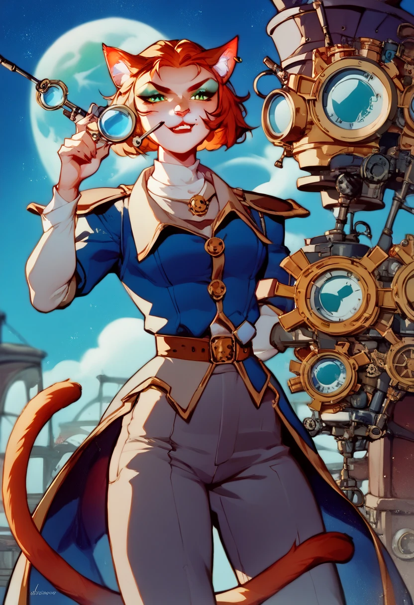 Captain Amelia,young,adventurer,adventurous,cat girl, long tail,confident expression,adventurer outfit,dangerous situation, steampunk space setting,vibrant colors and tone