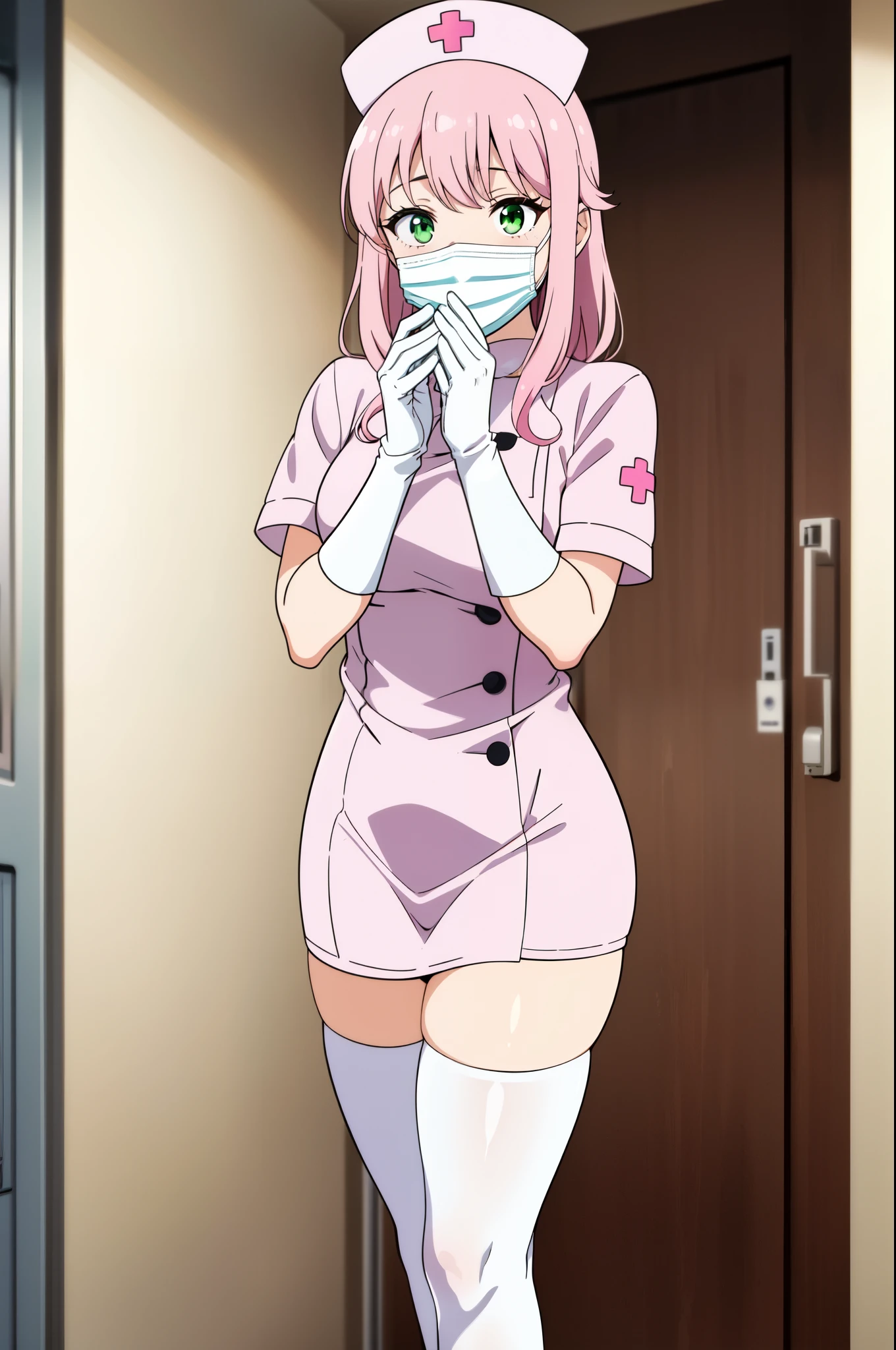1 female, alone, nurse, nurse cap, Whiteware, ((white legwear, zettai ryouiki)), white gloves, pink hair, green eyes, droopy eyes, ((white surgical mask, Covered nose)), Are standing, ((hospital room)), sharp outline, short sleeve, mature woman, 32 years old, highest quality, masterpiece