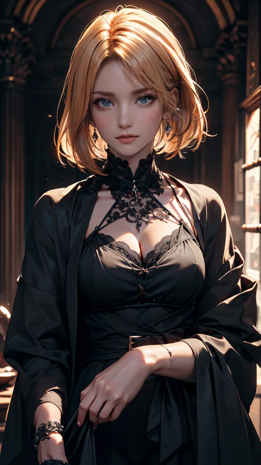1 man with golden blonde hair, 14 year old girl with medium bob cut dark red hair and red eyes, man hugging girl, portrait, realistic, photorealistic, high quality, cinematic, dramatic lighting, detailed facial features, (best quality,4k,8k,highres,masterpiece:1.2),ultra-detailed,(realistic,photorealistic,photo-realistic:1.37),HDR,UHD,studio lighting,ultra-fine painting,sharp focus,physically-based rendering,extreme detail description,professional,vivid colors,bokeh,dark moody atmosphere