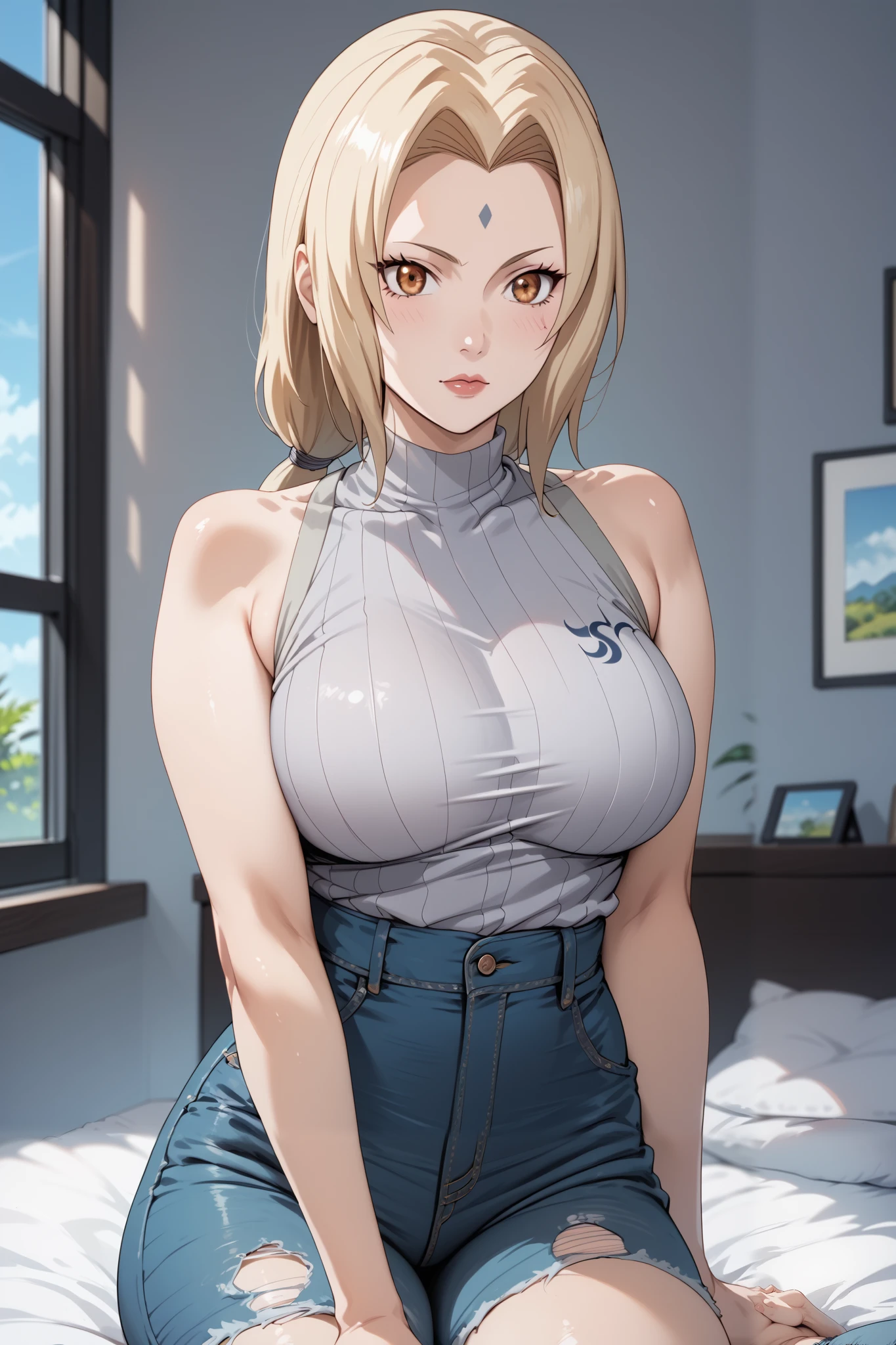 Masterpiece,high quality ,4k,plain silver baground,solo,1 girl ,tsunade senju,stand up,large breasts,slim body,beauty legs,blue ripped jeans,grey kimono,sleeveless,looking at viewers,bed room 