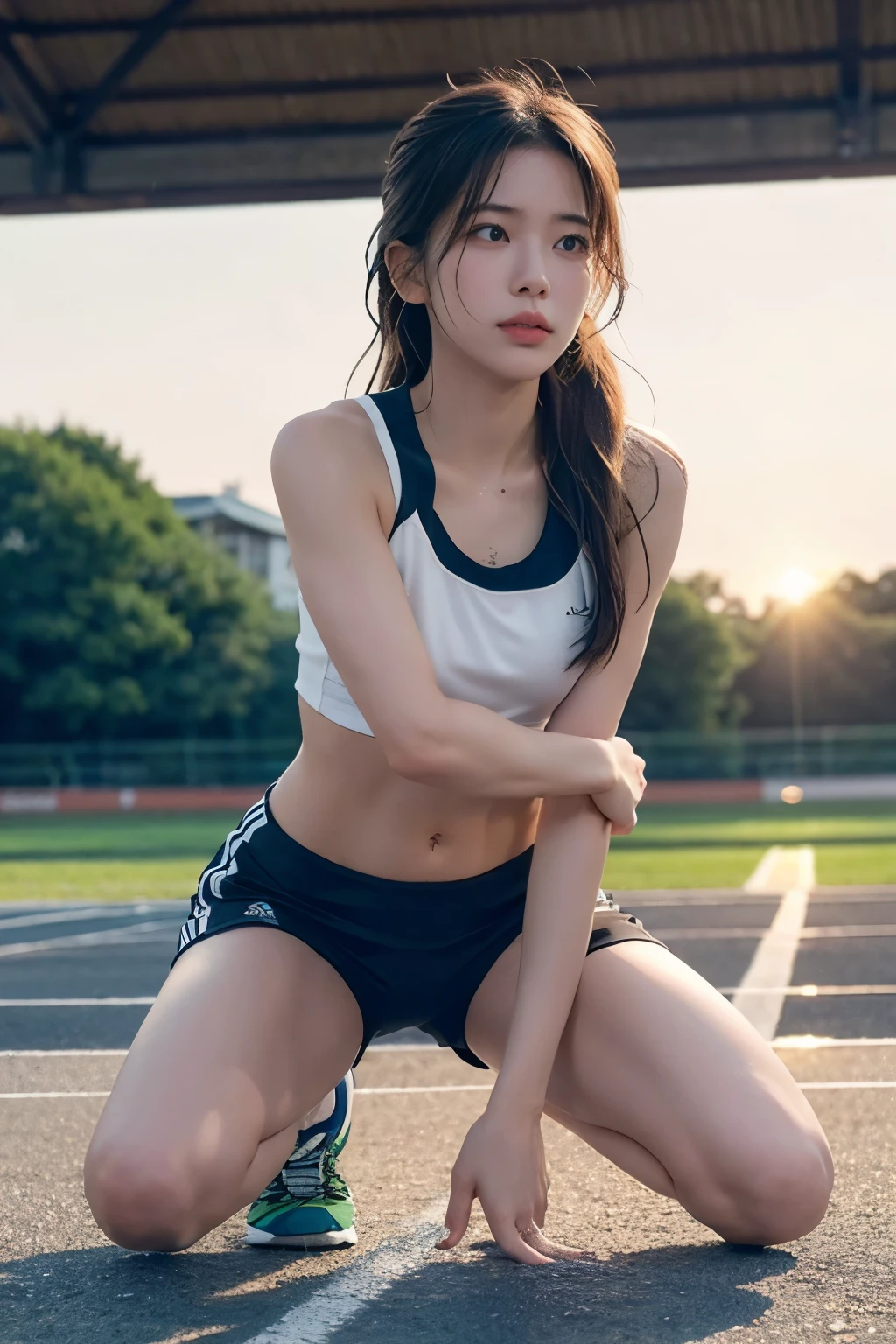 A young woman kneeling on the ground, appearing exhausted and frustrated after intense physical exercise. She is wearing athletic wear, such as a tank top and shorts, with visible sweat on her forehead and arms. Her breathing is heavy, and her face shows a mix of pain and frustration, with her brows furrowed and her fists clenched against the ground. The setting is an outdoor track field during sunset, with warm golden light casting long shadows. In the background, there are faint silhouettes of other runners or training equipment, emphasizing the context of her effort, struggle, and emotional tension