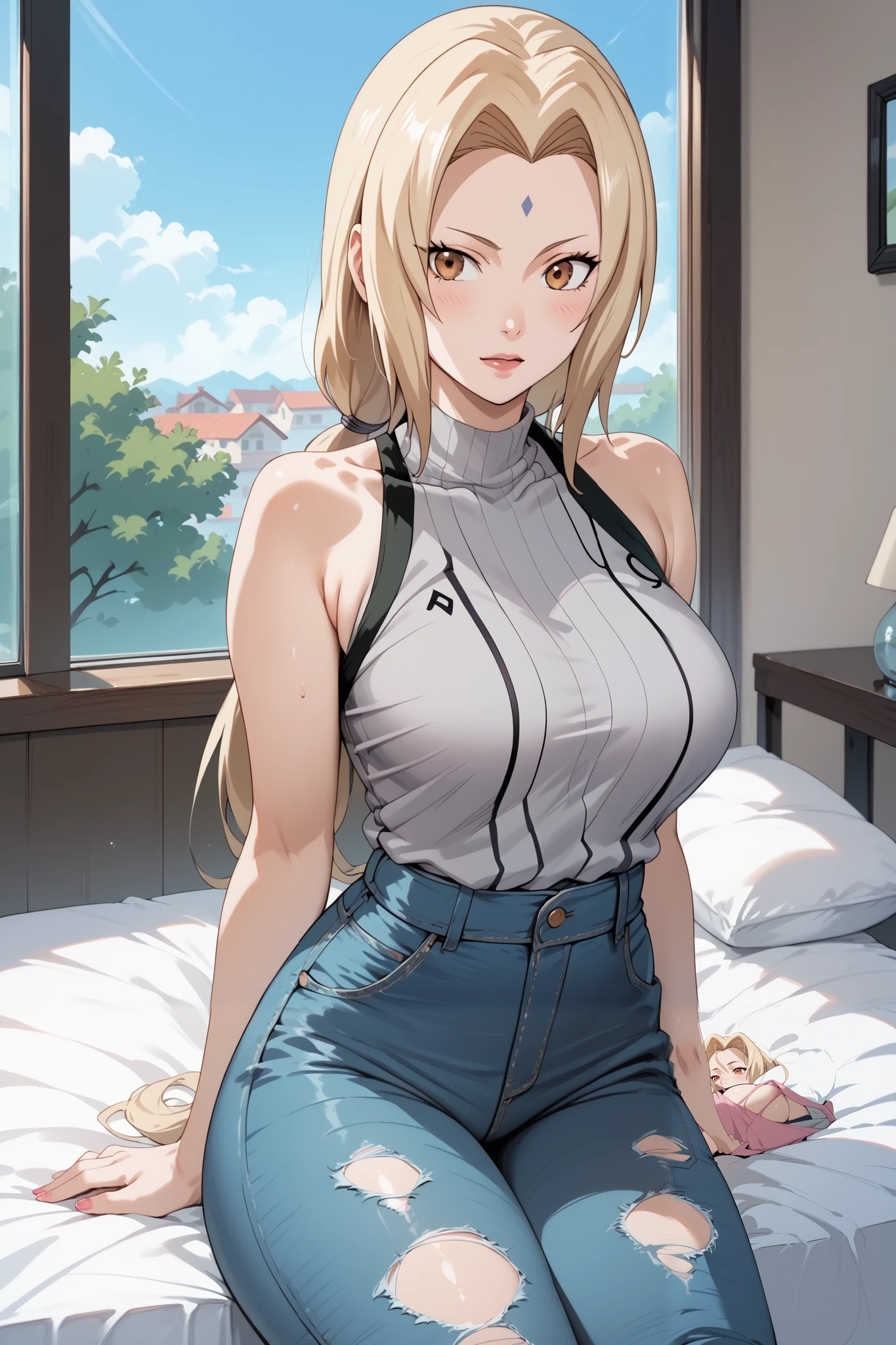 Masterpiece,high quality ,4k,plain silver baground,solo,1 girl ,tsunade senju,stand up,large breasts,slim body,beauty legs,blue ripped jeans,grey kimono,sleeveless,looking at viewers,bed room 