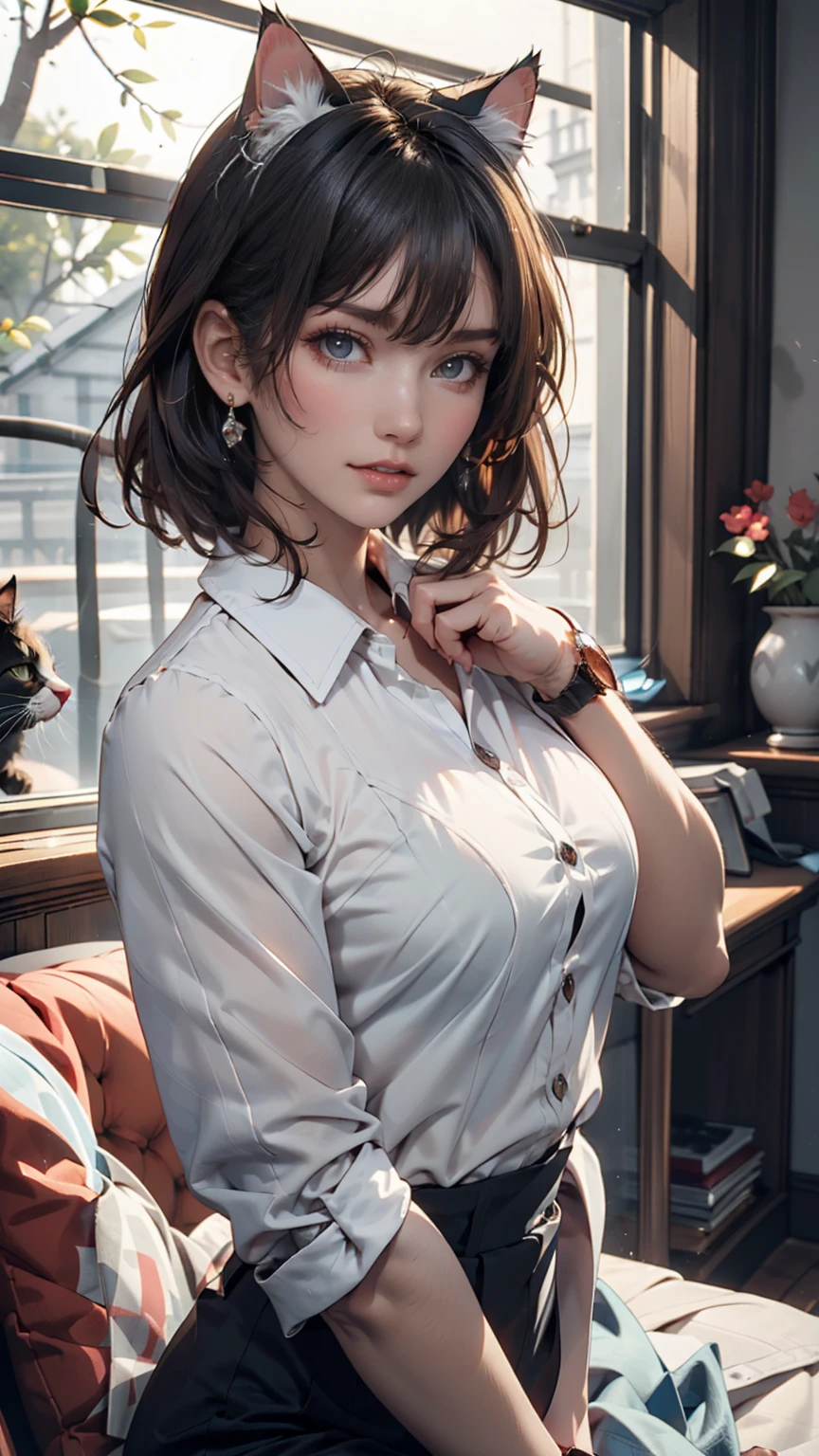 masterpiece:1.2, top quality, 8k, highres, ultra-realistic:1.37, beautiful ultra-detailed:1.2, 1girl, an image of a sleek, angled bob haircut in jet black, worn by a professional, stylish woman in an office setting, sitting, beautiful delicate long eyelash beautiful delicate eyes, beautiful delicate pupils, sparkling eyes, beautiful delicate lips, shining lips, beautiful delicate clothes, gentle smile, fullbody shot