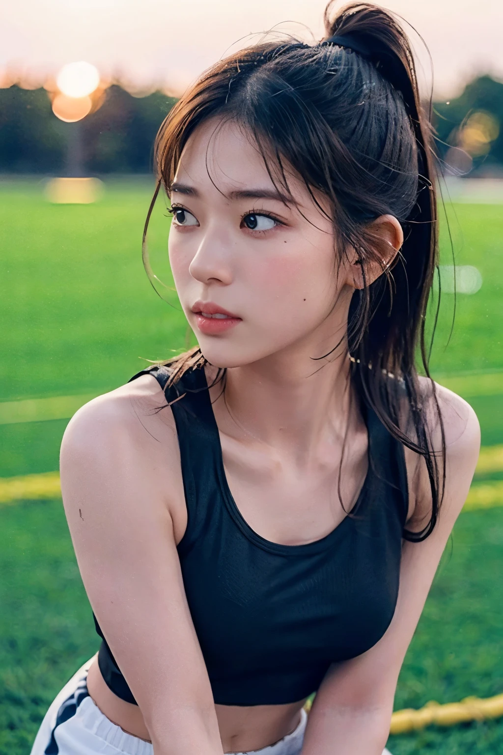 A young woman kneeling on the ground, appearing exhausted and frustrated after intense physical exercise. She is wearing athletic wear, such as a tank top and shorts, with visible sweat on her forehead and arms. Her breathing is heavy, and her face shows a mix of pain and frustration, with her brows furrowed and her fists clenched against the ground. The setting is an outdoor track field during sunset, with warm golden light casting long shadows. In the background, there are faint silhouettes of other runners or training equipment, emphasizing the context of her effort, struggle, and emotional tension