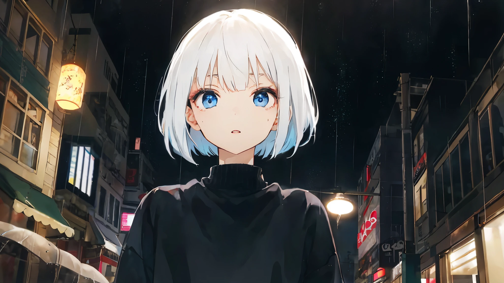 (from below), (slightly surprised expression, wide eyes), 1girl, ((upper body)), (eyelashes), (dark eyelashes), (eyeliner), blue eyes, ((asymmetrical bangs, hair behind ear, hair over one eyebrow, bob cut)), (white hair), medium hair, medium breast, (hopeless:1.05), (black sweater, jeans), cinematic lighting, dramatic lighting, Sharp Focus, (Best Quality, masterpiece, detailed, facial focus), (bent over:0.7), ((rainy night, down street, front of cafe)), 걱정스러운 듯 손을 내민다