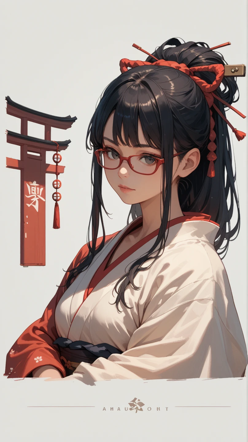 Black hair, long hair, glasses, red kimono, Japanese shrine, shrine visit