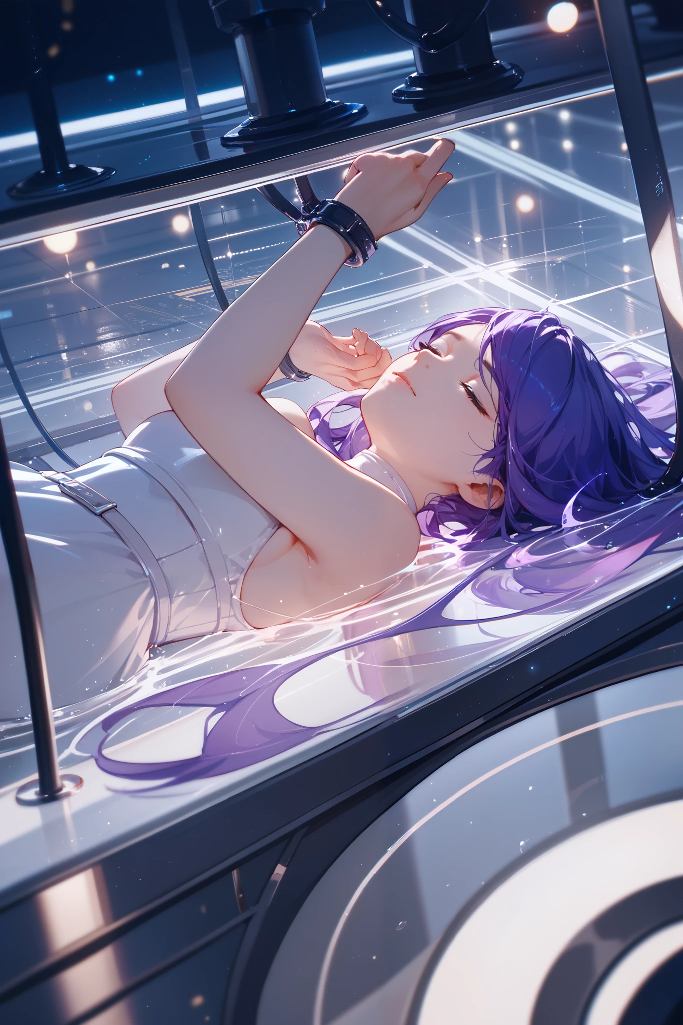 girl floating in stasis tank, close up, fetal position, strapped to table, unconscious, closed eyes, purple hair, long hair, swept bangs, thin, lights, dark tiled floir, reflective floor, High Resolution, Best Quality, Masterpiece