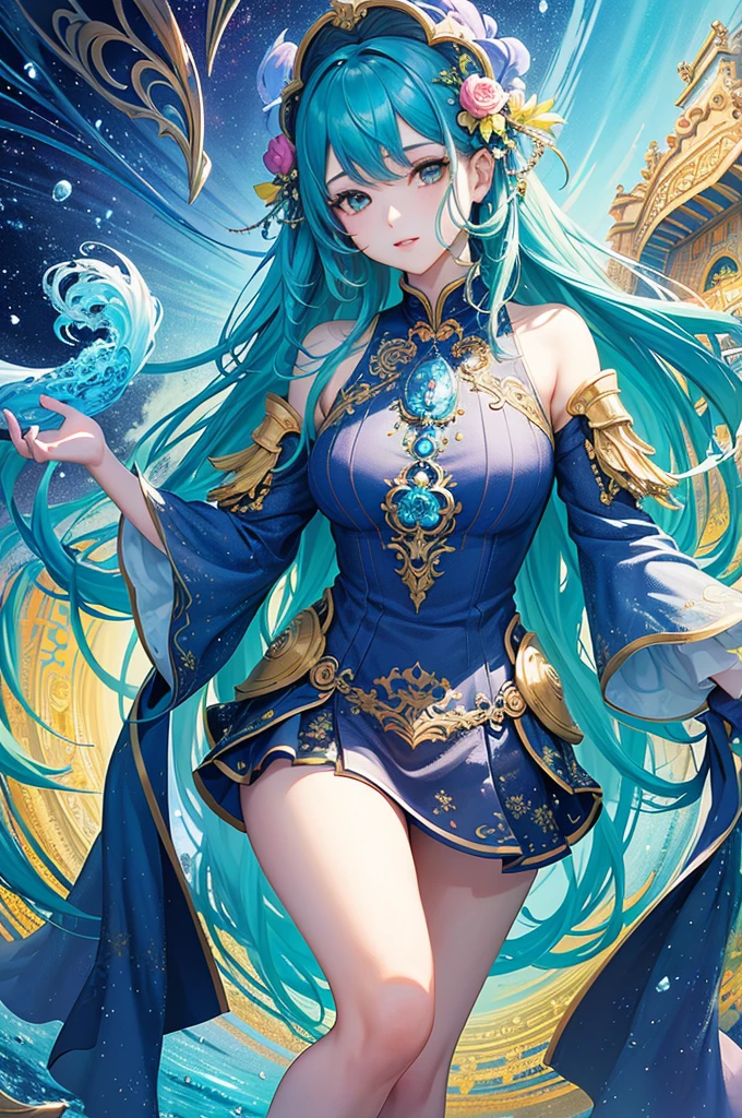 (masterpiece, top quality, best quality, official art, beautiful and aesthetic:1.2), (1girl), extreme detailed,(fractal art:1.3),colorful,highest detailed, cute young girl, light blue hair, long hair, small braids hair, yellow eyes, elf ears, dragon tail, dragon thorn, muscular body, small breast, light blue dress