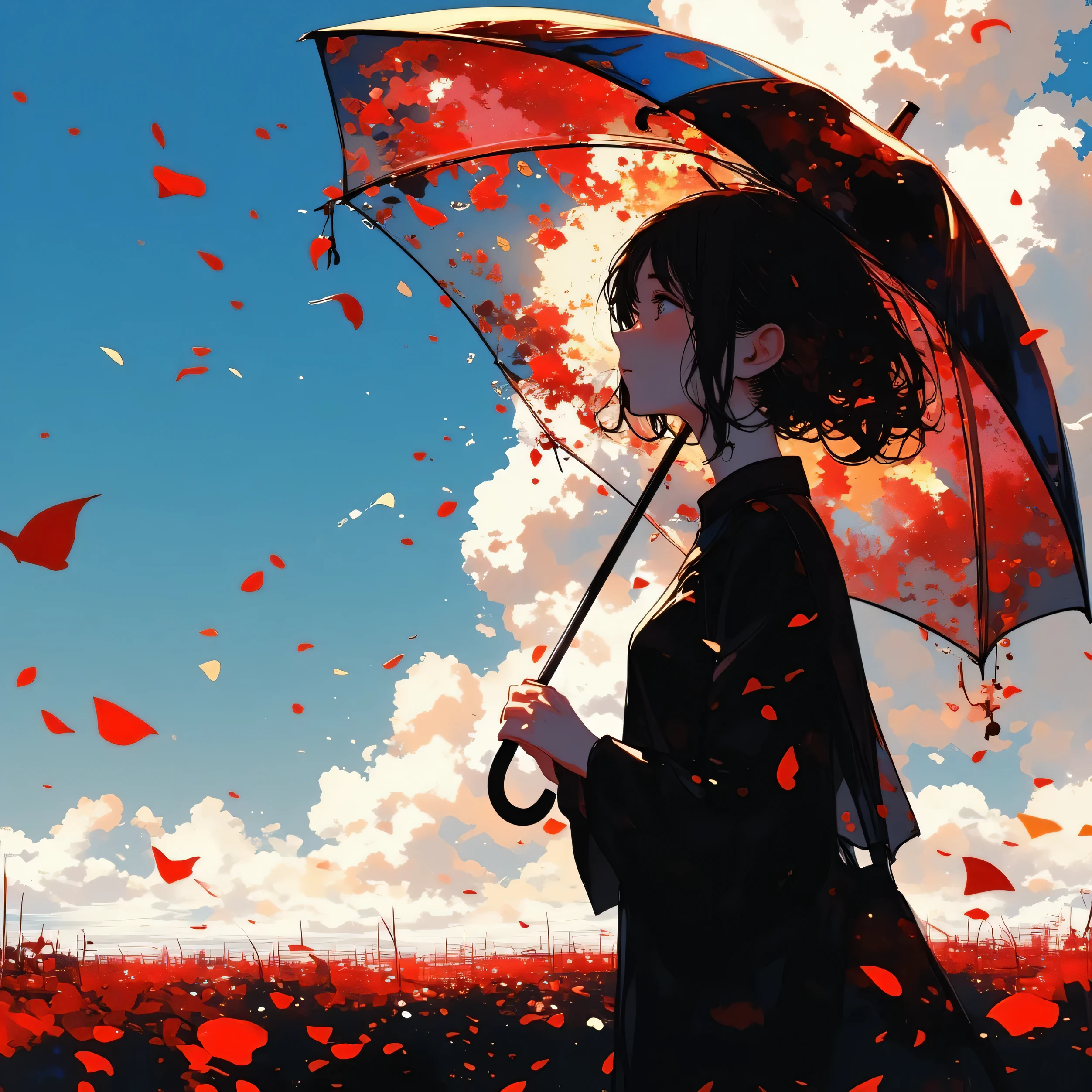 
1girl\(holding umbrella\(transparent,mass amount of petals decorate umbrella\)\), mass amount of petals filling in the air. petals cover ground. minimalism, simplism