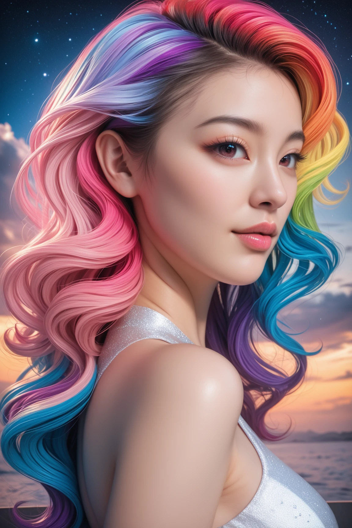 1girl, masterpiece, extremly detailed, ((Cinematic lighting)), (glowing), ((dramatic lighting)), ((beautiful detailed glow)), intricate detail, lens flare, multicolored hair, rainbow hair, long hair, multicolored dress, butterfly hair ornament, butterflies, (light particles), Arms behind back, large breasts, [curvy], cowboy shot, light smile, green eyes, church, stained glass, spotlight, dark background, floating hair, floating hair, looking at viewer,((colorful))