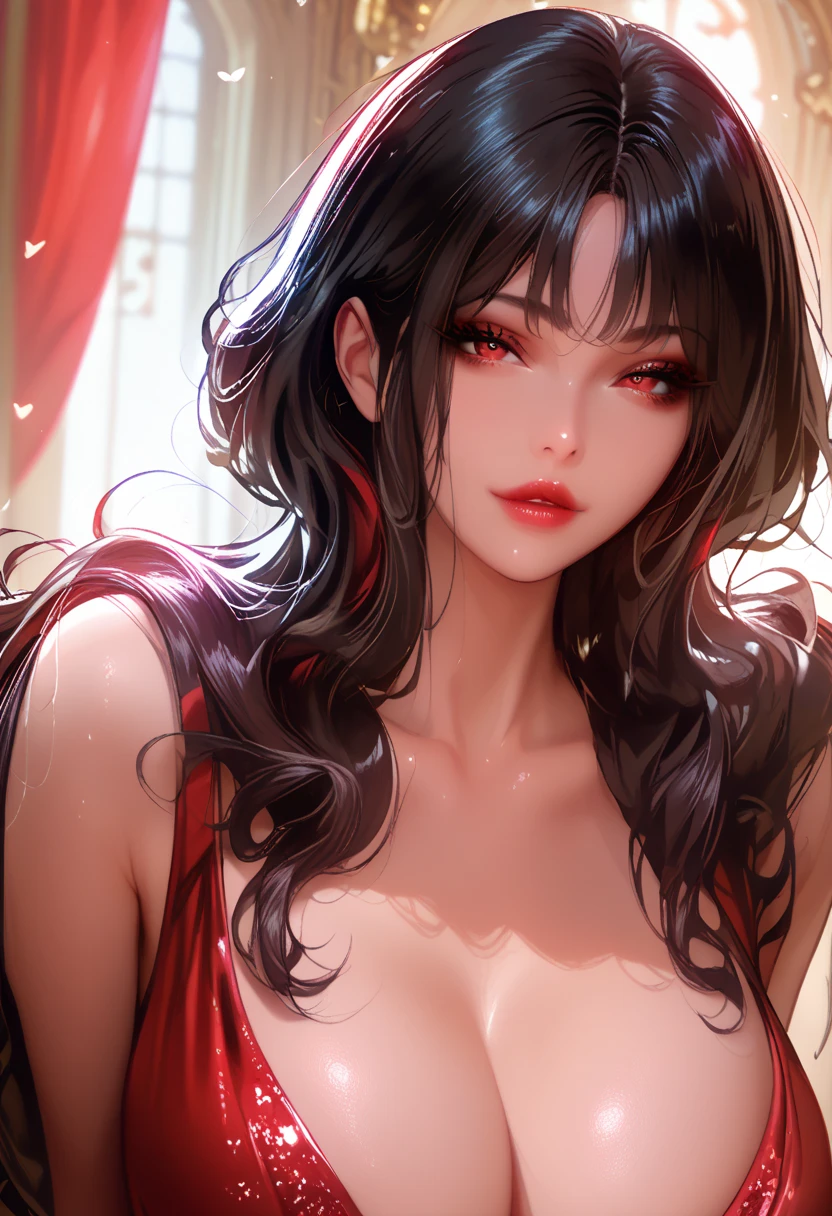 (extremely detailed CG unit 8k wallpaper, masterpiece, best quality, ultra-detailed), (best lighting, best shadow), 25 year old Spanish woman, mature, square face, wearing 1 red rose on necklace neck, wearing black lace dress with red, golden earrings, features like a maria padilla, (highly detailed skin: 1.2), medium brown loose hair with lights