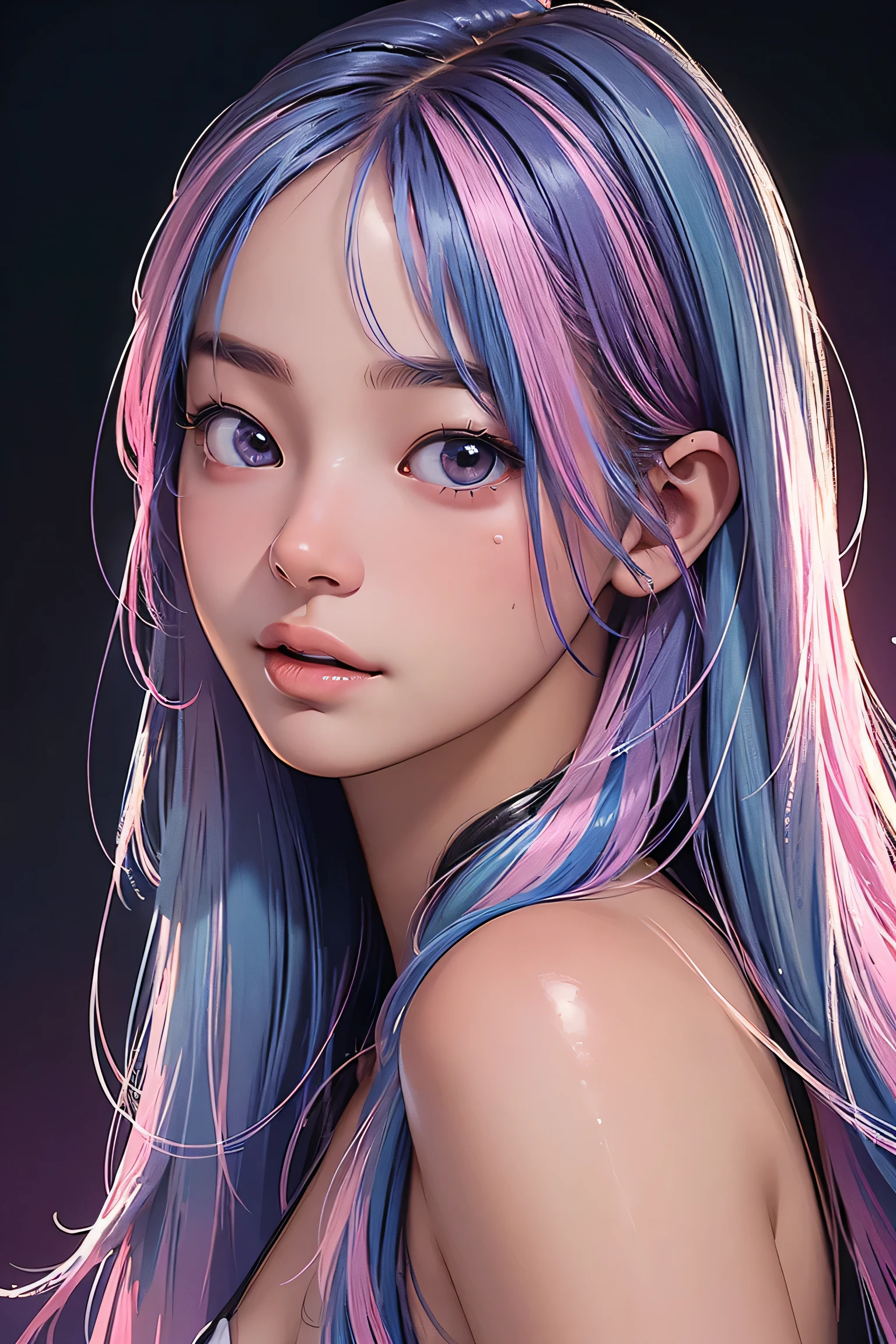Best quality, masterpiece, super high resolution, multicolored hair, long hair, two moles under the eyes, gradient eyes, eyeballs, shyness, smile, evil, off-the-shoulder, character setting, close-up, surrealism, UHD, award-winning, bust, colourful hair, blunt bangs, blue eyes, really beautiful face, super beautiful face