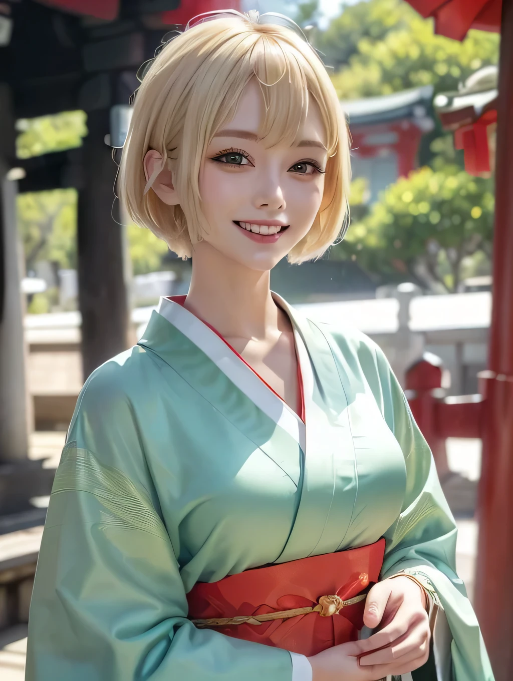 (masterpiece), (1woman), ((pov)), ((portrait)), ((close up)), ((face on focus)), ((look at viewer)), ((standing)), ((Shinto shrine)), ((having a paper fortune)), 20years old, ((blonde hair, short hair)), ((big smile)), (medium breasts), (in the heat), (red cheeks), ((light green kimono)), ((costume focus)), Japanese
