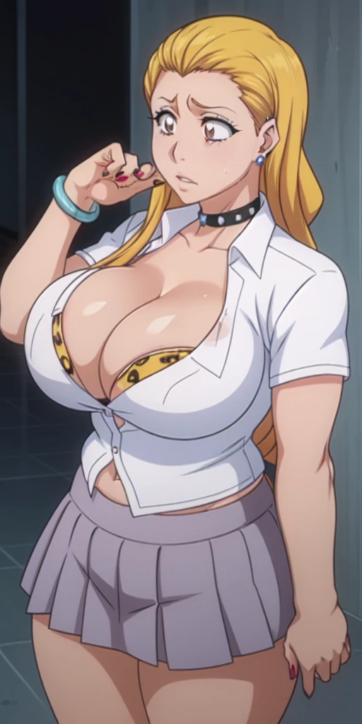 Orihime Inoue,Bleach artstyle,Big breast,Enchanted big breast,Thick lips,((((White shirt school uniform)))),Cleavage,((((short gray skirt))))Curvy figure,Plump,Hoopa bracelet,Long nail,Side burn visible,look at viewer,(((bright yellow blond color hair))),((head facing front)),High quality,Highres,Humongous big breast,visible ear,Big cleavage,light blush,((blue Stud earring)),((A lot of piercing)),((black Chocker)),Hyper Detail,((dark colored Skin)),((tanned Gyaru)),Crossing arm,Messy hair,Detailed lips,Colorless lips,unbuttoned plain white shirt,cleavage,mono color hair,((long wavy curly hair)),((leopard print bra)),Solo,1girl,light blush,(((slicked back hair))),flirty,Enchanted big breast,((Side swept hair)),ease eyebrow,Detailed eyes,Swaying hips,no sweat,No ribbon,calm expression,bored expression,Ease up eyebrow