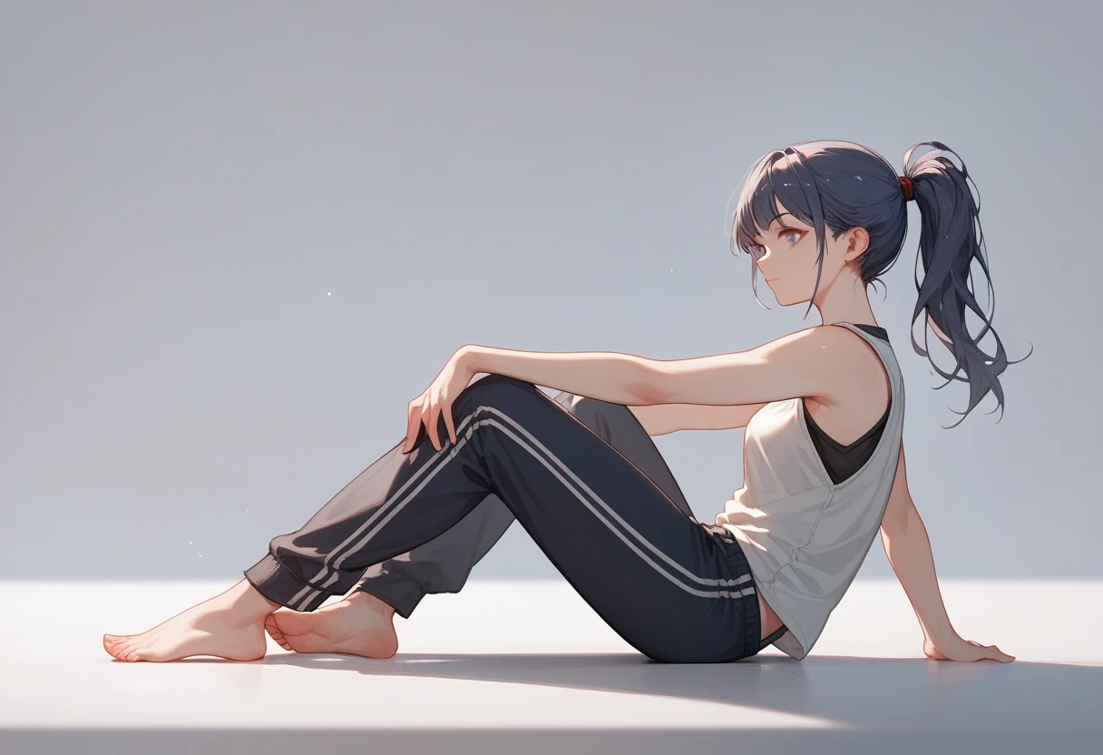 ((anime style)), full body shot, 1 woman, side view, loose sleeveless shirts, navy hair, ponytail hairstyle, knee length pants, (bare foot), in dance training room