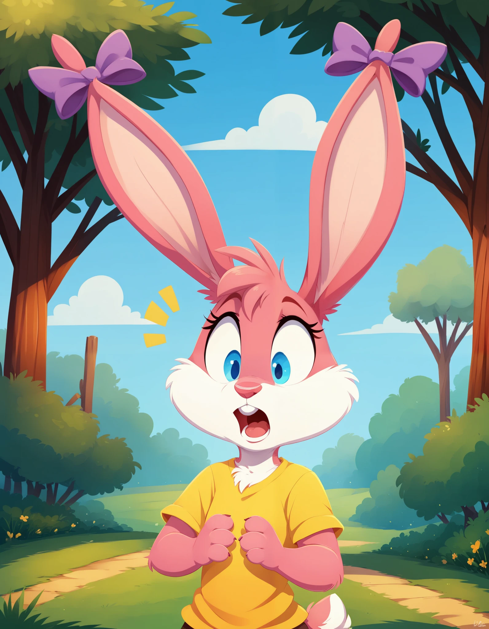 score_9, score_8_up, score_7_up, rating_safe, minimalist lineless art
 Babs, bunny, girl, blue eyes, surprised mouth, pink nose, pink body, pink head, pink ears, white cheeks, erect ears, yellow T-shirt, purple bows on the ears, hands to the side, surprised, young, , dwarf