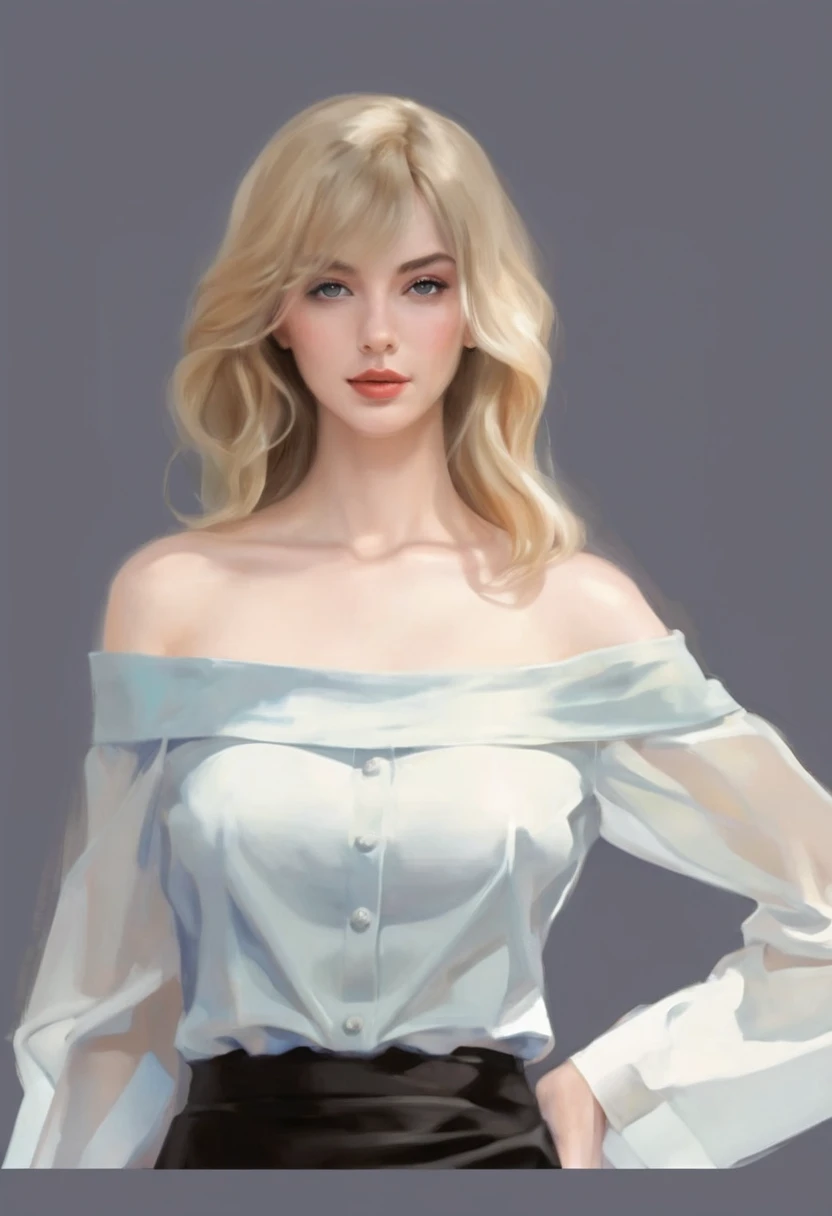 arafed topless woman in a sheer white shirt and grey unbuttoned pants standing in front of a blue wall, kirsi salonen, magdalena andersson, wearing a blouse, magdalena radziej, wearing a white blouse, moleksandra shchaslyva, niele toroni, photo of džesika devic, serena malyon