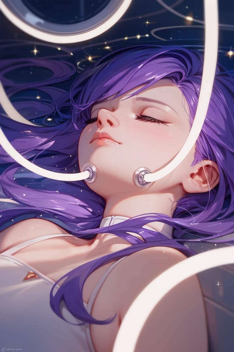 girl floating in stasis tank, close up, fetal position, unconscious, closed eyes, purple hair, long hair, swept bangs, thin, lights, dark tiled floir, reflective floor, High Resolution, Best Quality, Masterpiece