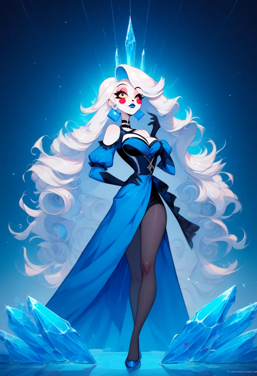 (masterpiece), best quality, expressive eyes, perfect face , female, beautiful woman, long white hair, curls at the end, curly sidelocks, bangs, blue hair tips, blue eyes, white lashes, hourglass body, long tight black and blue dress with one slit and no sleeves, black gloves, blue heels, ice blue lips, hazbin hotel, hazbin hotel art style, vivziepop artstyle