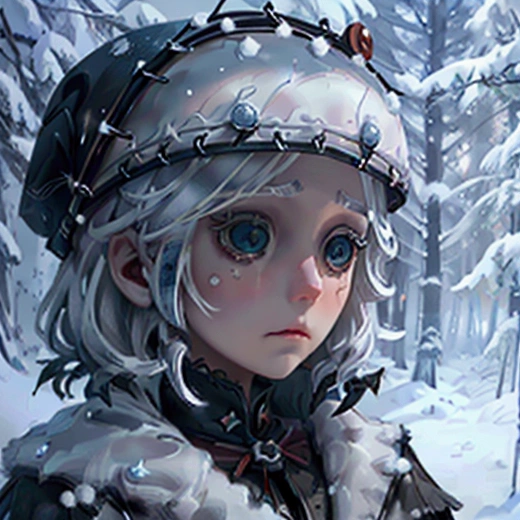 icon, identity v, button eyes, detailed, 1 girl, waist up, white hair, night, forest with snow, front to camera, sad