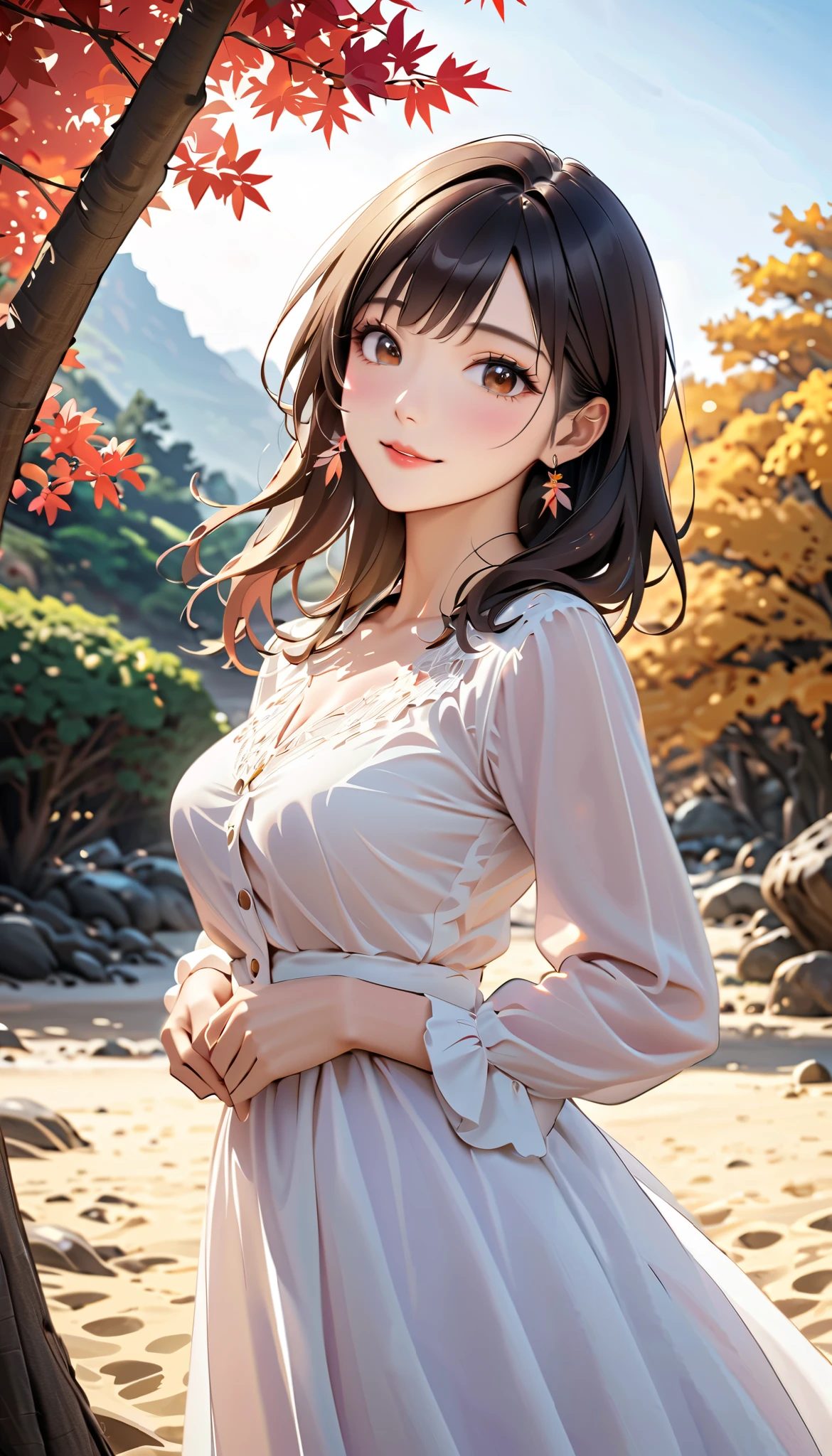 ( top quality, high image quality, high definition , 8k), long-sleeved blouse ,Flowing Long Skirt , Beautiful single woman, Brown-black hair, beautiful brown eyes, pink lips, The cutest face, Anatomically Beautiful Body , Mid-chest, earrings for a woman alone, looking here, sandy beach, posing, smile, (Large tree, bird, Mountain々, cloud, autumn leaves), backgrounds,