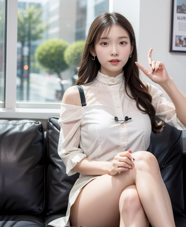 （  girl sitting on office couch 、 Open Your Legs )、Beauty、  One personの女の子、One person、  viewer、smile、  beautiful eyes 、Beautiful cleavage、gem、、shut up、 short bang、Manicure、  bracelet  、lips、    Grey Eyes  、Portraiture、Red nails、close、 red lips、Put your hands on your face、place your hand on your cheek、( detailed crotch、 erect nipples)、(shiny skin)、((Blue sky outside the window ))、(off-the-shoulder white floral see-through dress),),((Girl with 脚 slightly spread )),(  Open Your Legs ),((  red panties)),（   lift up skirt  )、