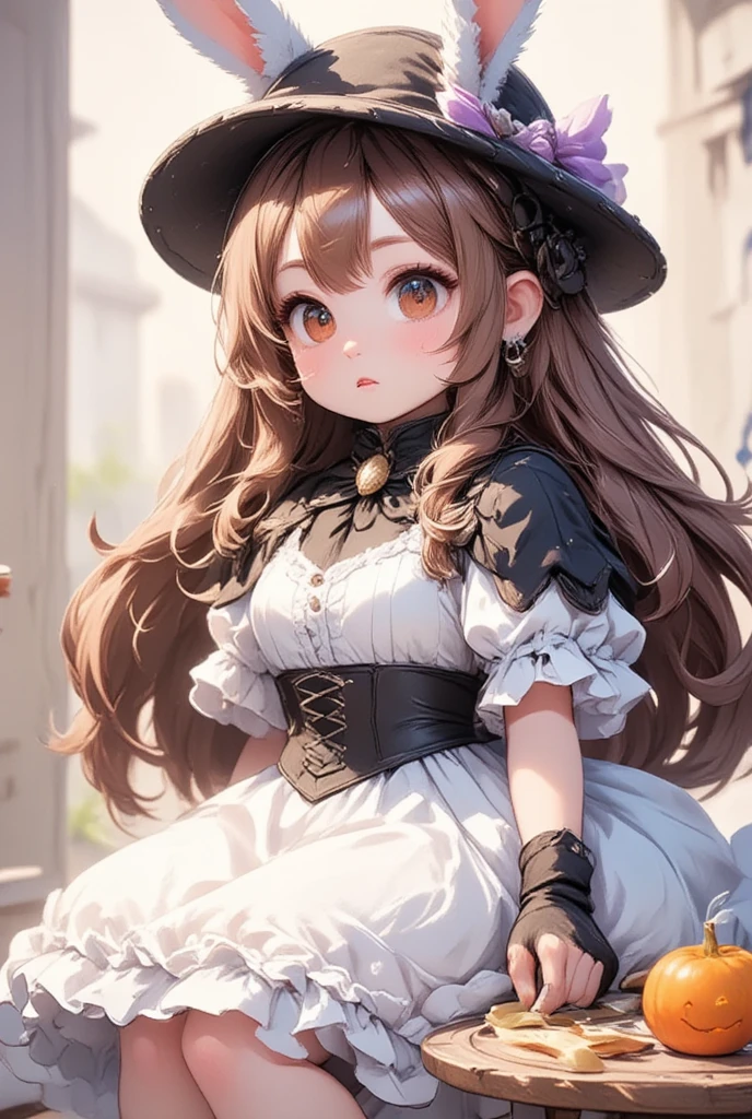 1girl, breasts, green eyes, large breasts, cleavage, brown hair, thighs, thick thighs, long hair, blush, wide hips, hair flower, hat, thighhighs, witch hat, gloves, dress, multicolored dress, hair ornament, capelet, hat flower, pelvic curtain, looking at viewer, flower, rose, purple rose, solo, white background, simple background, cowboy shot, smile, black thighhighs, black gloves, purple headwear, purple flower, purple capelet, hat belt, a woman with long brown hair, wearing a black thighhigh-high top and a black cape, her eyes are wide open and she is smiling, the background is plain white, there is a single red flower on the left side of her head, the witch's eye pattern is visible on the right side of her face, both arms are crossed in front of her body, the overall style is highly detailed and realistic, creating a sense of unity and simplicity., masterpiece, best quality, very aesthetic, absurdres