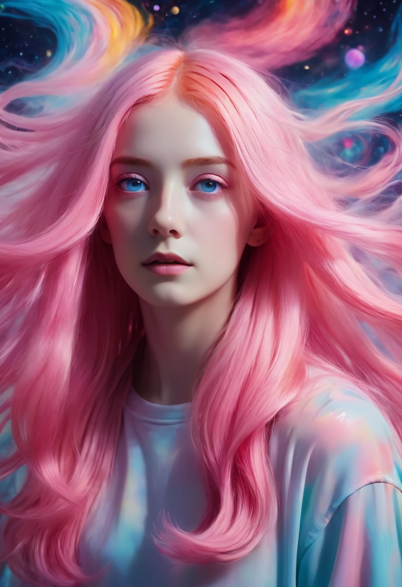 Surrealism,Impressionist lighting,best quality,1girl,long pink hair,flowing hair,ethereal glow,otherworldly atmosphere,glowing eyes,pop art,abstract background,dreamlike environment,levitating objects,soft brush strokes,pastel color palette,cosmic sky,light scattering,magical realism style
