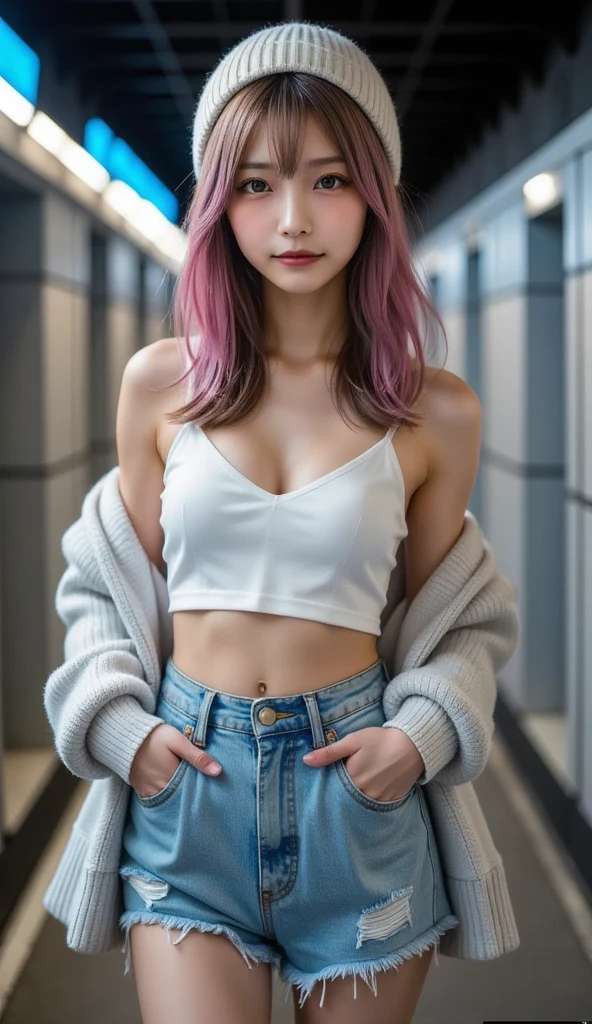 Beautiful skinny girl, elongated face and thin chin, freckles, pink hair, blue eyes, red lipstick, beautiful makeup, white skin, tattoo written on the forearm, beautiful patterned top, denim shorts,a beautiful jean coat, white cotton shoes, sexy style , eyeliner, ponytail hair