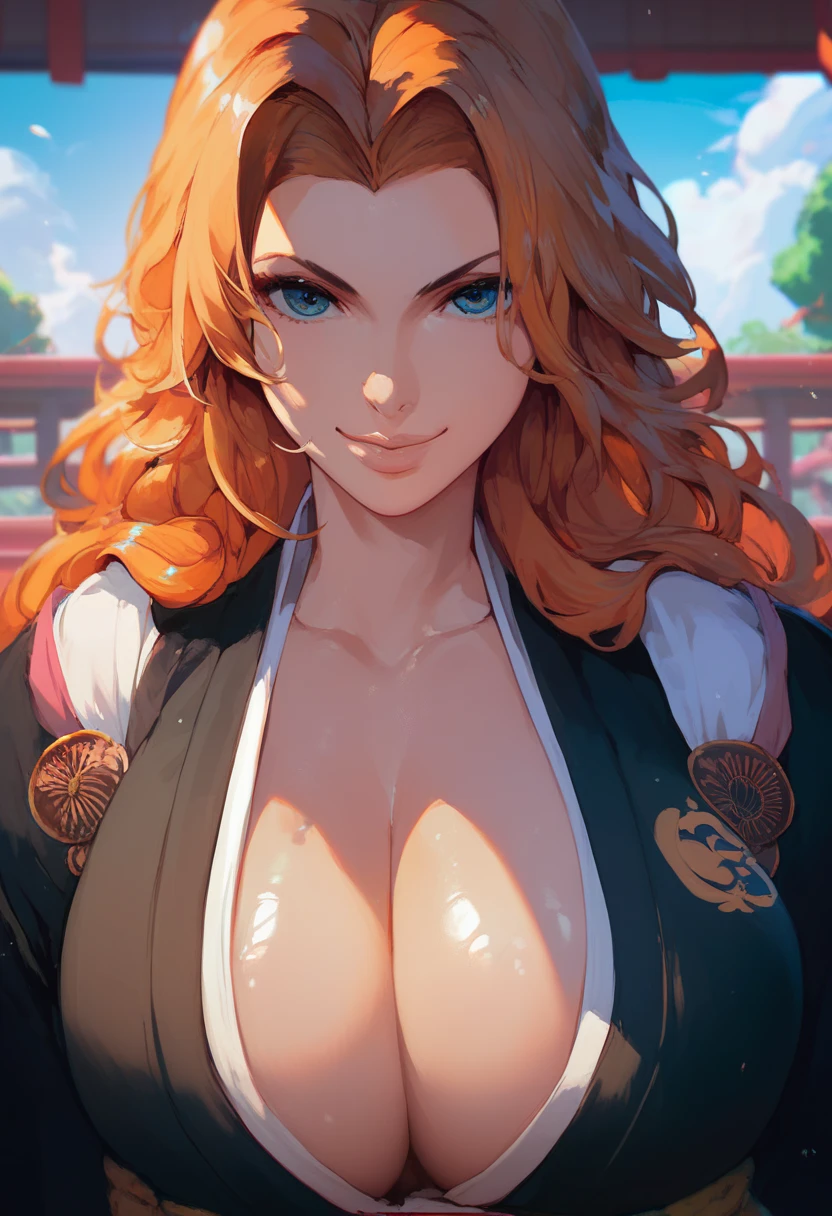 masterpiece, best quality, matsumoto rangiku, long hair, black kimono, cleavage, sash, large breasts, looking at viewer, furrowed brow, smile, japanese architecture, close-up, upper body, shiny skin, arms at sides, pov